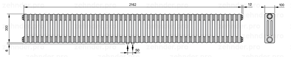 Схема (чертеж) Радиатор Zehnder Charleston 3030/47 №3470 Белый глянцевый RAL 9016